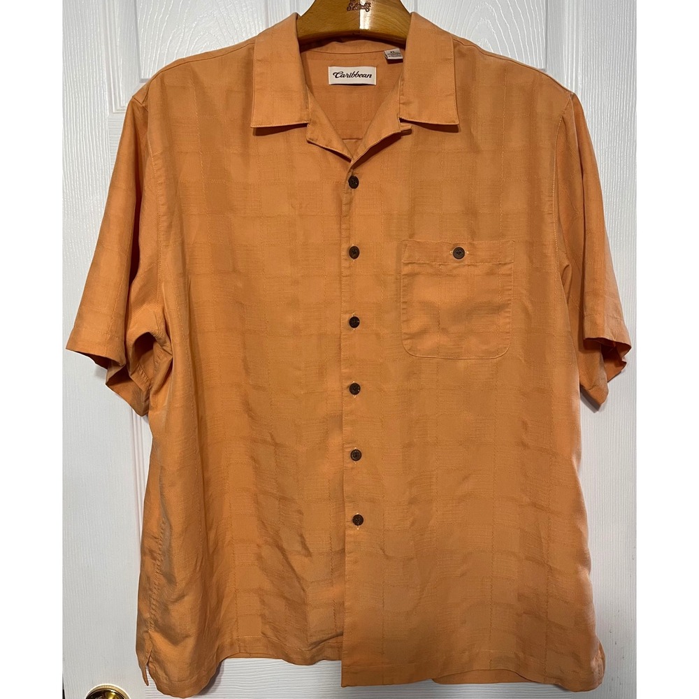 Caribbean Mens Orange‎ Textured Short Sleeve Button Up Shirt XL Beach Cruise
